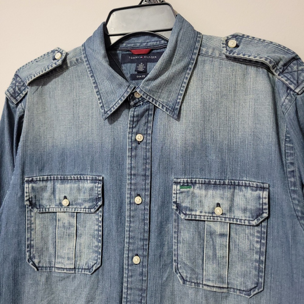 Vintage Tommy Hilfiger Denim Button Up Shirt Mens M Blue Military Epaulet Y2K